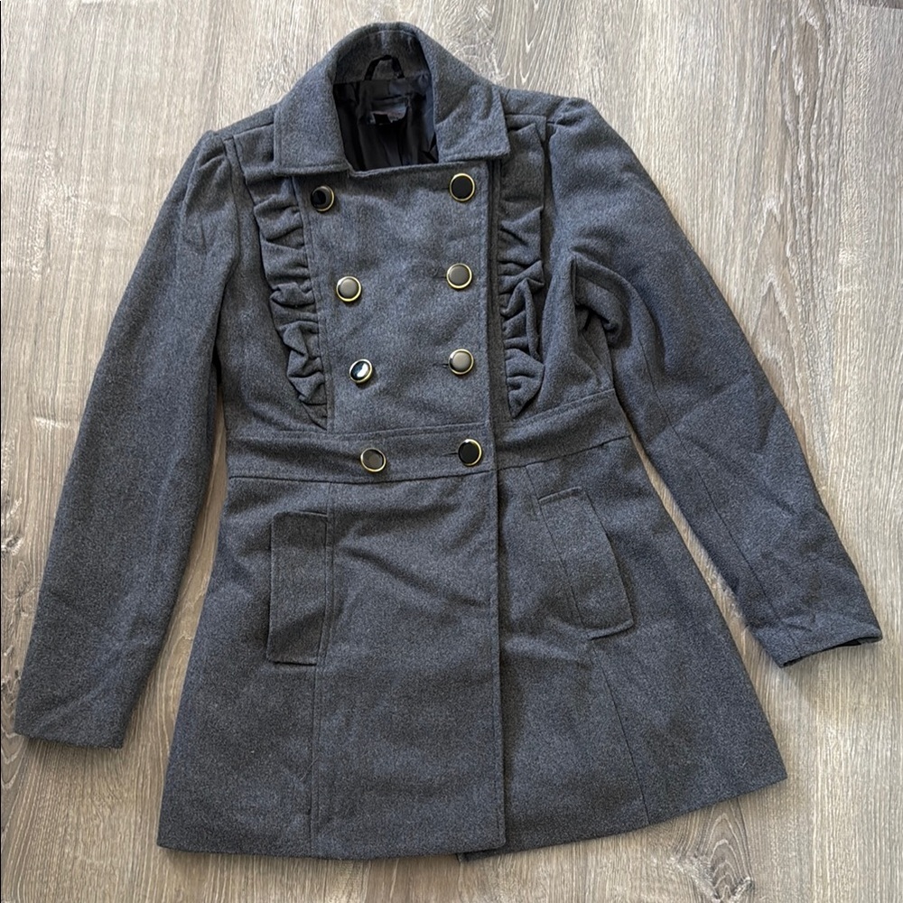 2B Bebe Gray Sailor Pea Coat with Wide Lapel, Winter Coat